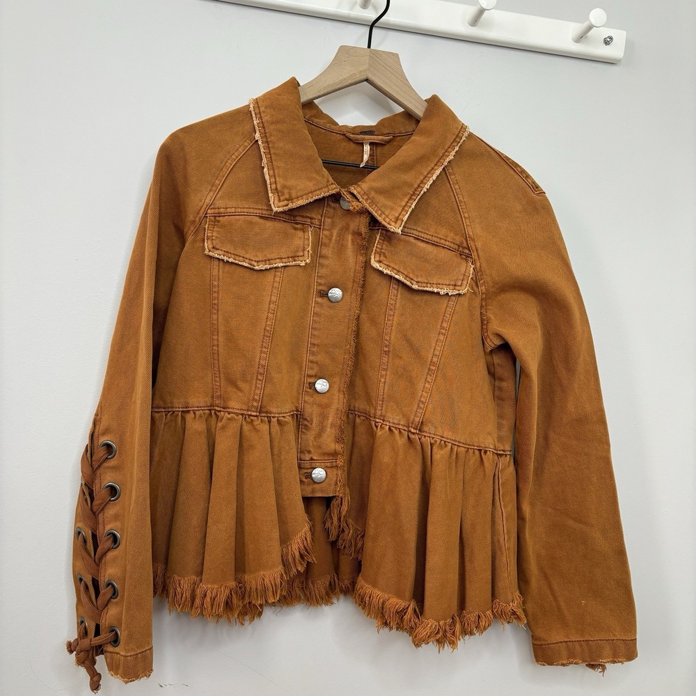 Free People‎ Willow Denim Jacket XS Rust/Brown Lace Up Cuffs Boho Western Forest